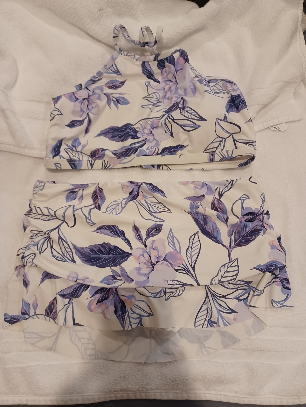 High-Neck Floral Two-Piece Swim Set in Cream and Purple